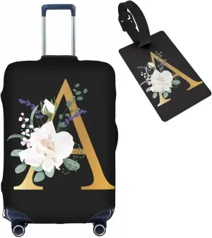 Flower Letter A Black Luggage Cover with Luggage Tag Elastic Washable Stretch Suitcase Protector Anti-Scratch Travel Suitcase Cover for Kid and Adult M (for 22-24 inch suitcase)