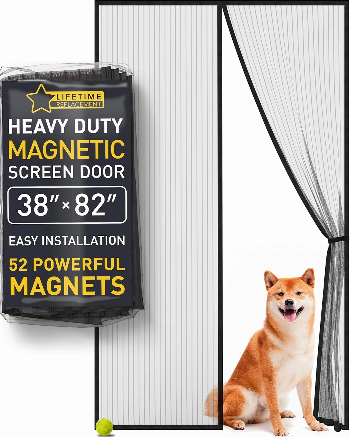 Flux Phenom Magnetic Screen Door 38"x82" – 2025 Model, 52 Powerful Magnets, Upgraded Mesh, Easy Install, Self-Sealing, Pet Tested, Tie Backs, Screen Door Mesh to Keep Bugs Out