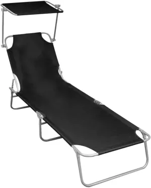 Folding Sun Lounger with Canopy Black Aluminum 1Ps 100% Polyester-Fabric