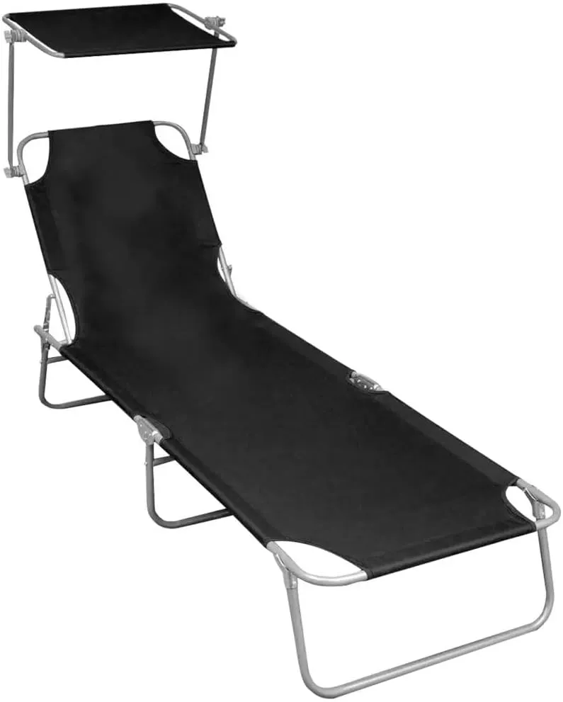 Folding Sun Lounger with Canopy Black Aluminum 1Ps 100% Polyester-Fabric