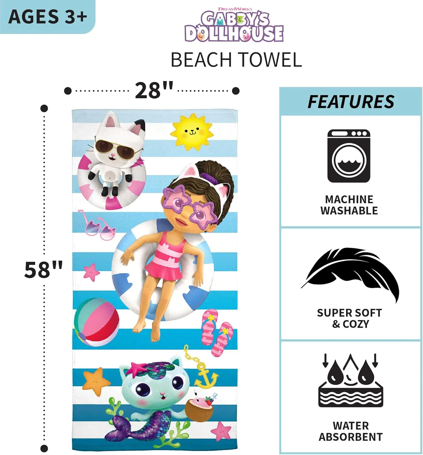 Franco DreamWorks Gabby's Dollhouse Super Soft Cotton Bath/Pool/Beach Towel, 58 in x 28 in, (Official Licensed Gabby's Dollhouse Product)