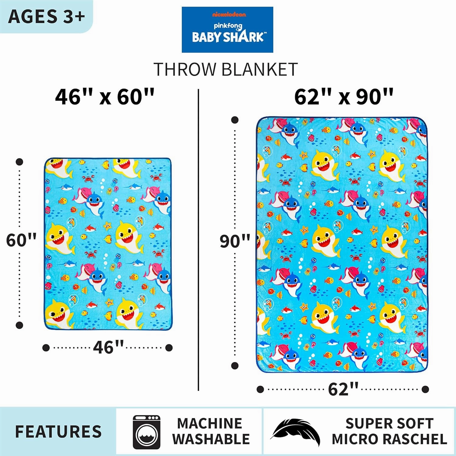 Franco - AT0468 Kids Bedding Super Soft Plush Throw Blanket, 46" x 60" Twin Size, Baby Shark