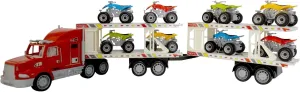 Friction Powered Toy Semi Truck Trailer 14.5 Inch with 8 ATVs Kids Push and Go Big Rig Carrier