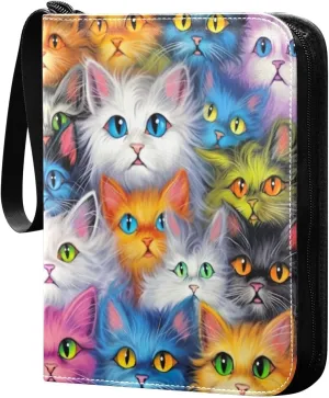 Funny Cats Colorful Card Binder 4 Pocket Trading Card Album Fits 400 Sports/Game Cards, PU Cover 3 Ring Card Collection with 50 Removable Sleeves