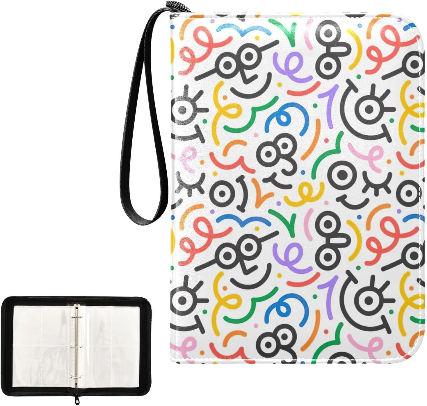Funny Colorful Line Doodle Face Card Binder Holder, 3 Ring Trading Card Binder Fits 400 Cards Card Book Holder