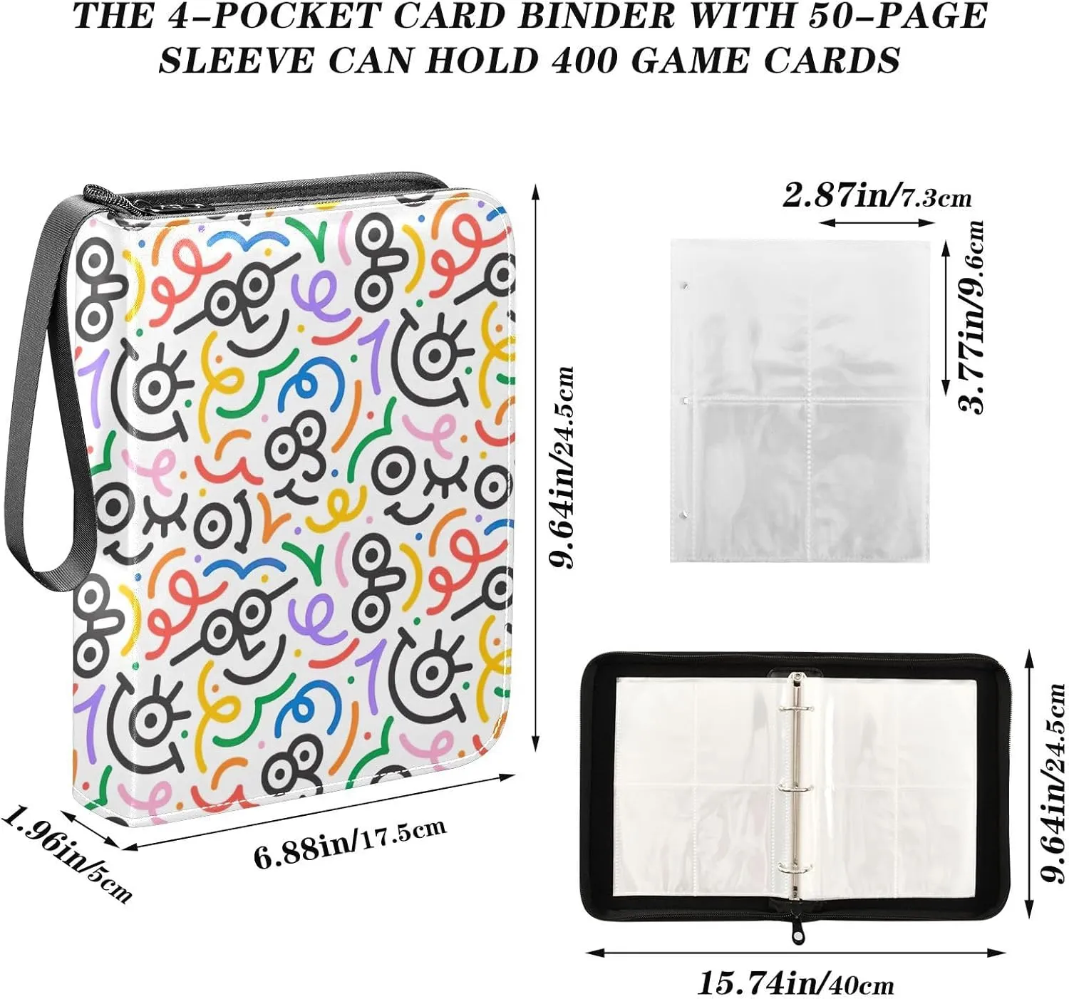 Funny Colorful Line Doodle Face Card Binder Holder, 3 Ring Trading Card Binder Fits 400 Cards Card Book Holder