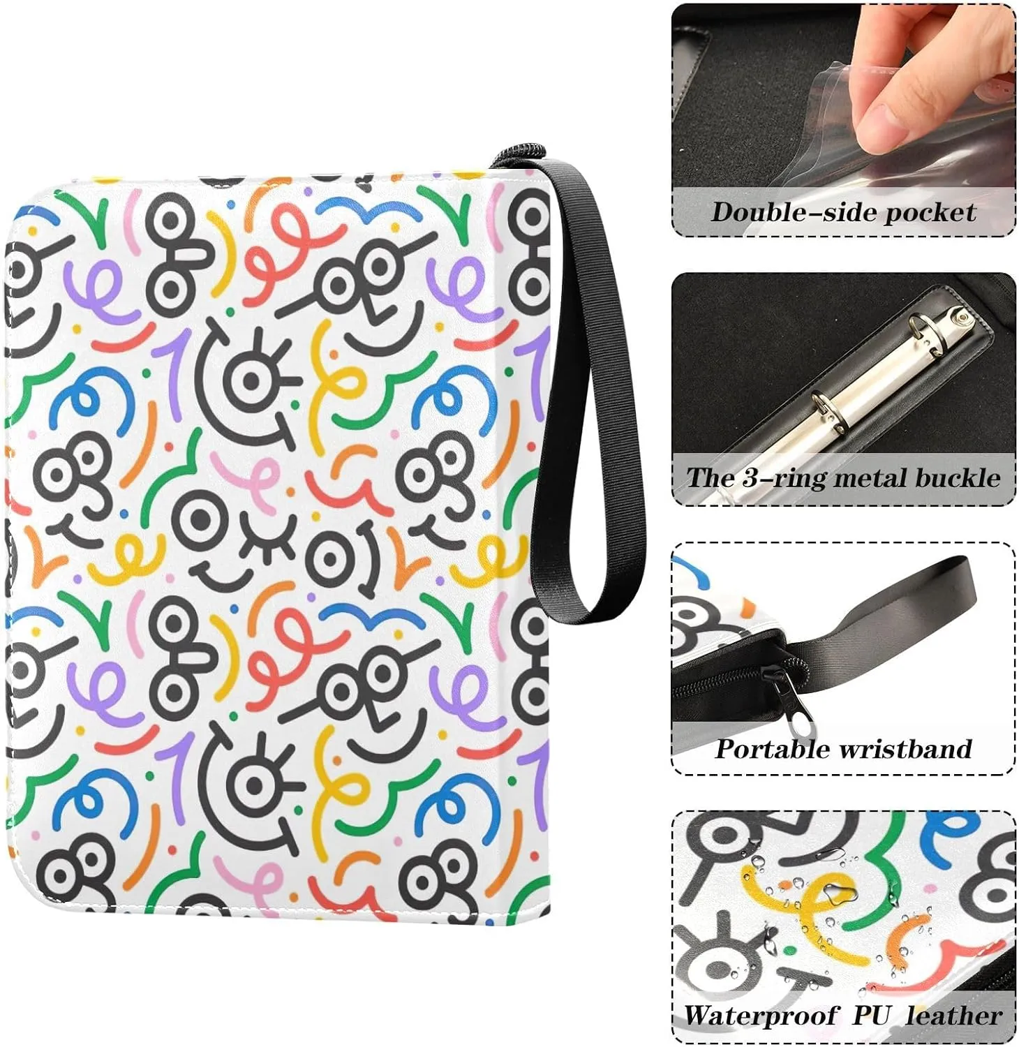 Funny Colorful Line Doodle Face Card Binder Holder, 3 Ring Trading Card Binder Fits 400 Cards Card Book Holder