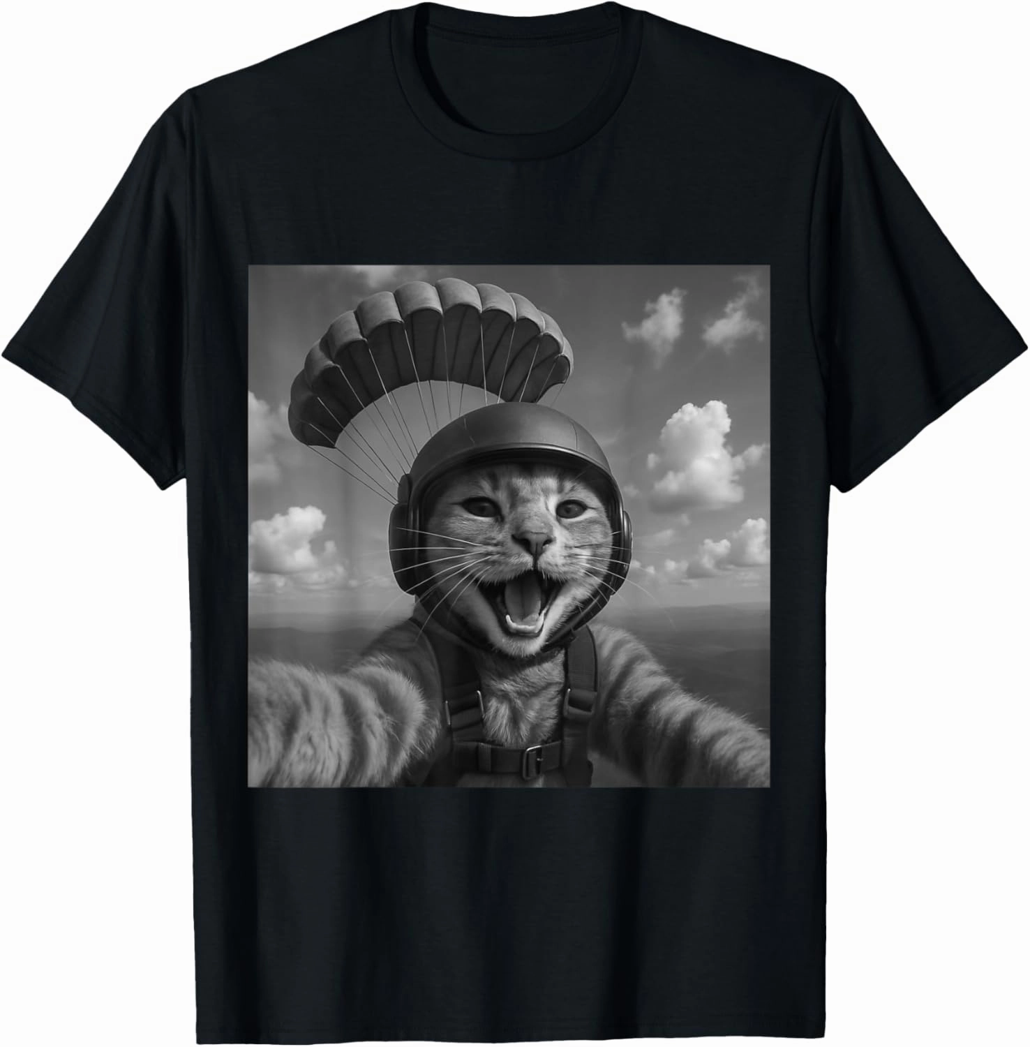 Funny Cat Selfie Parachuting Adventure Tee T-Shirt