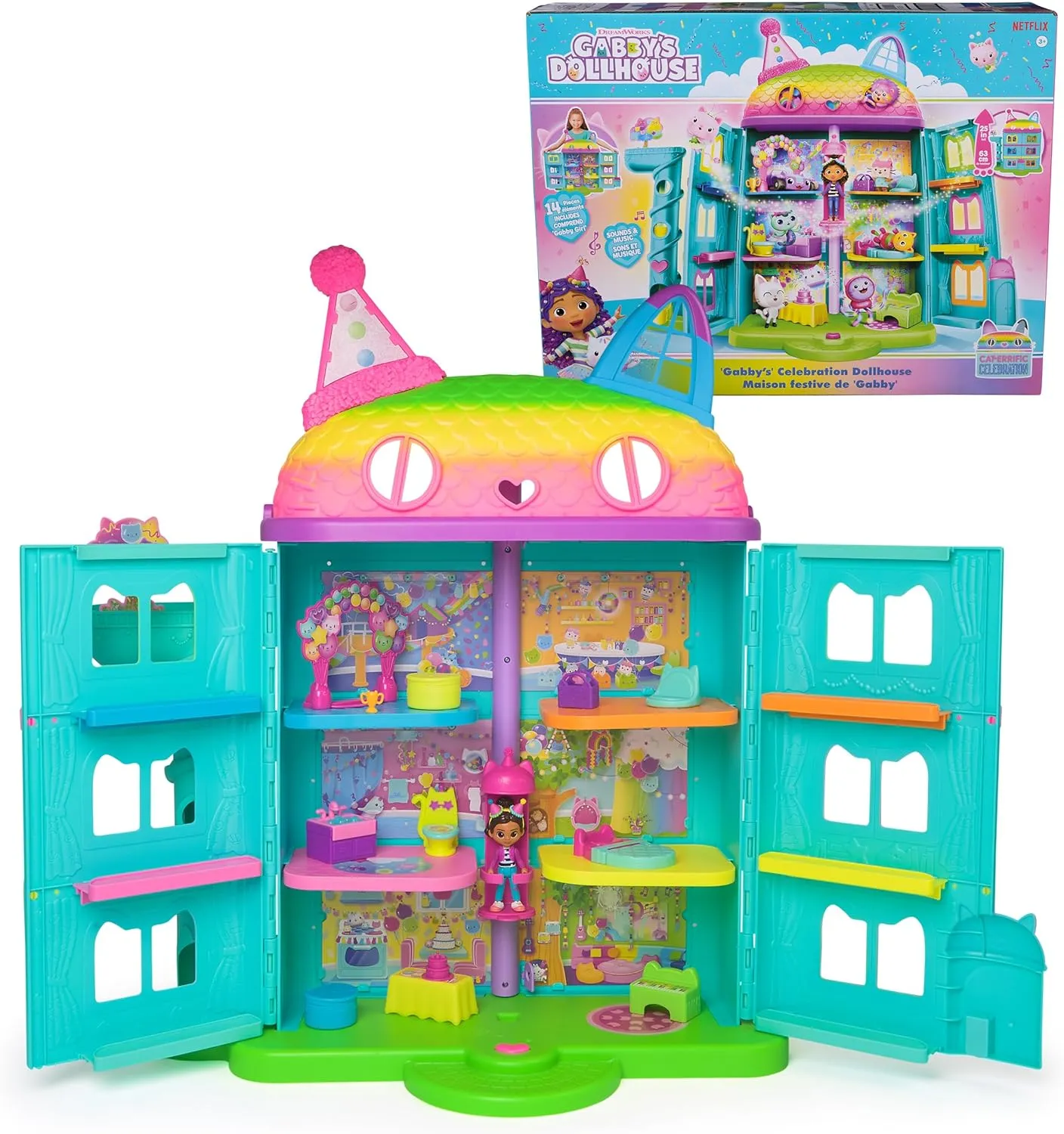 Gabby's Dollhouse, 14 Pc Celebration Dollhouse, 25-Inches Tall, with Toy Figures, Doll House Furniture & 10 Sounds, Kids Toys for Girls & Boys Ages 3 