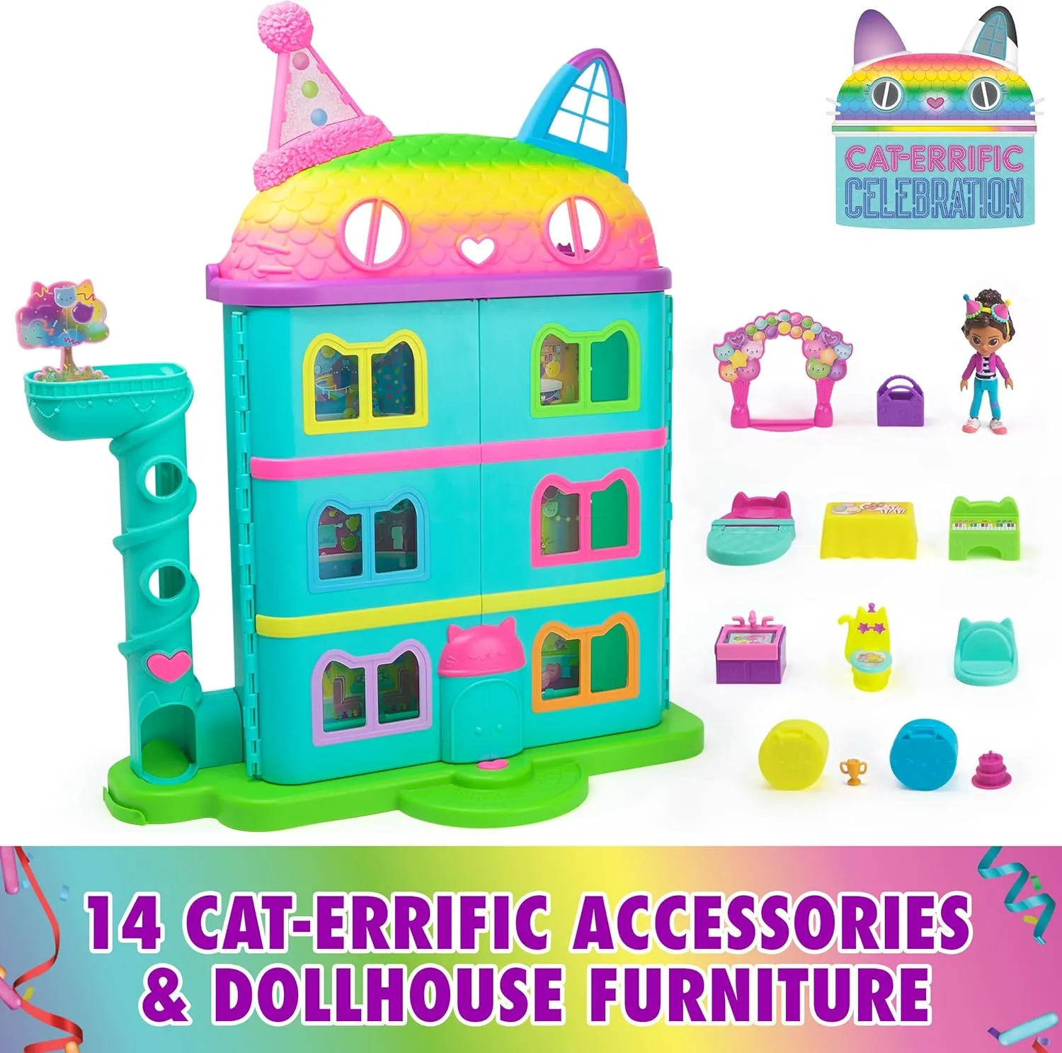 Gabby's Dollhouse, 14 Pc Celebration Dollhouse, 25-Inches Tall, with Toy Figures, Doll House Furniture & 10 Sounds, Kids Toys for Girls & Boys Ages 3 