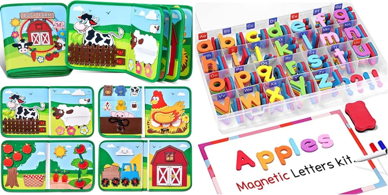 Gamenote Classroom Magnetic Alphabet Letters Kit JoyCat Farm Animal Busy Book for Toddlers Montessori Busy Board for 1 2 3 4 Year Old Boy Girl Birthday Gift - Quiet Activity Book with Life Skills
