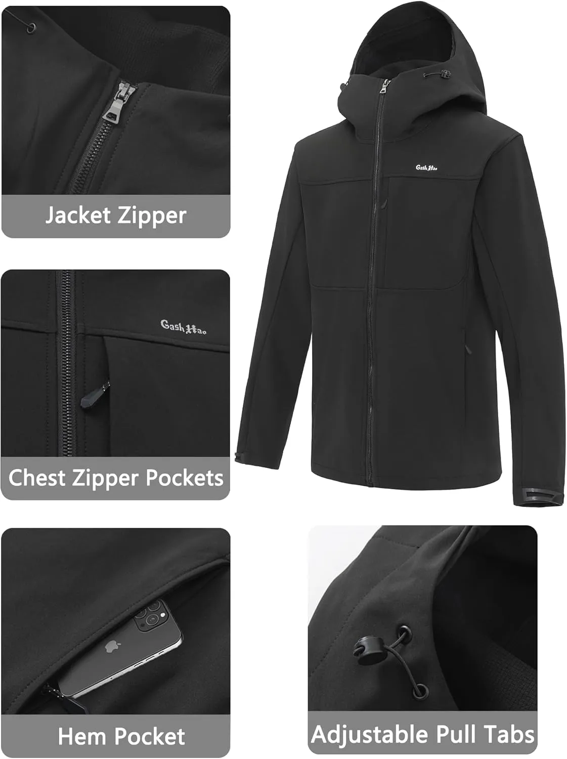 Gash Hao Mens Lightweight Softshell Waterproof Jacket Hooded Fleece Lined Warm Rain Hiking Outdoor Jacket Windbreaker
