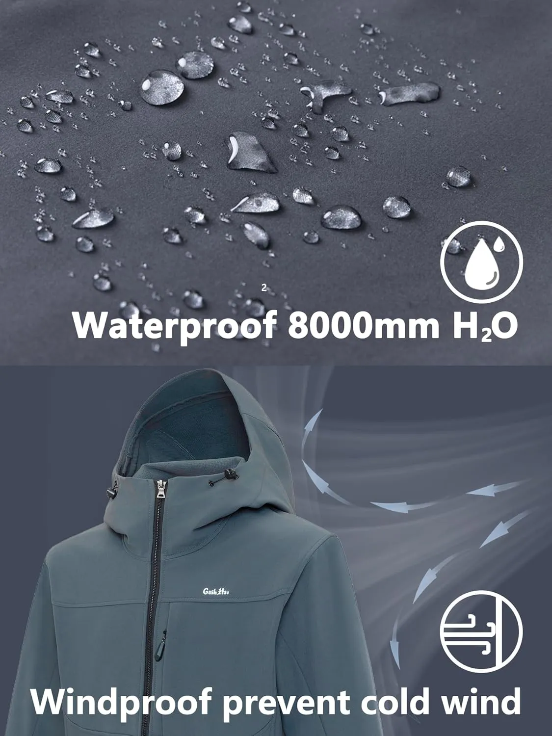 Gash Hao Mens Lightweight Softshell Waterproof Jacket Hooded Fleece Lined Warm Rain Hiking Outdoor Jacket Windbreaker