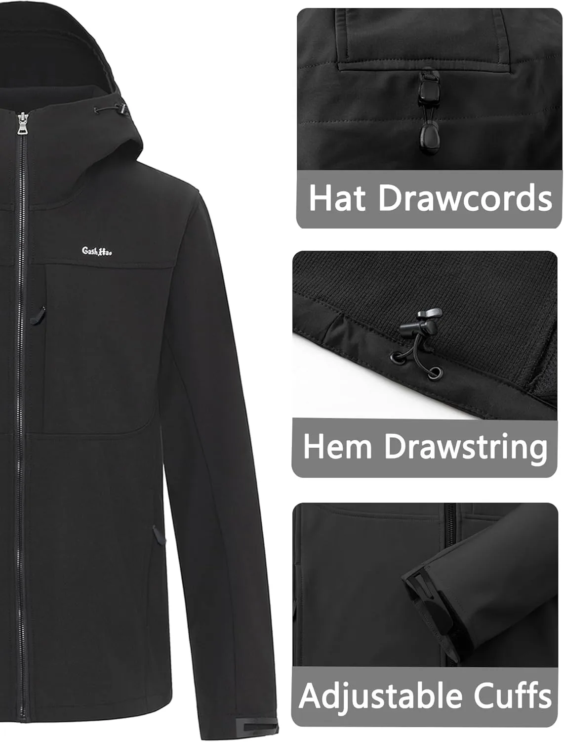 Gash Hao Mens Lightweight Softshell Waterproof Jacket Hooded Fleece Lined Warm Rain Hiking Outdoor Jacket Windbreaker