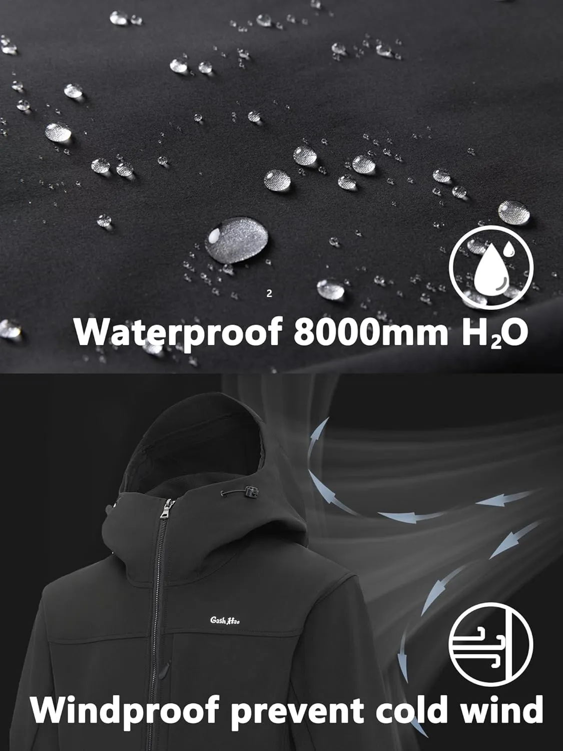 Gash Hao Mens Lightweight Softshell Waterproof Jacket Hooded Fleece Lined Warm Rain Hiking Outdoor Jacket Windbreaker