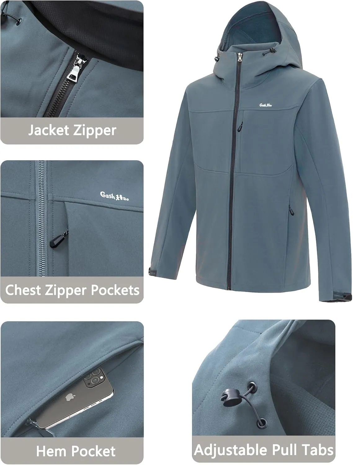 Gash Hao Mens Lightweight Softshell Waterproof Jacket Hooded Fleece Lined Warm Rain Hiking Outdoor Jacket Windbreaker