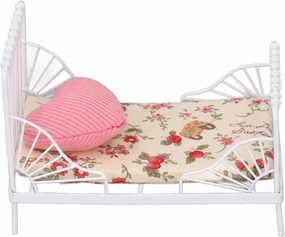 Generic 1/12 Scale Floral Pattern Metal Dollhouse Bed, Miniature Bed Furniture with Pillow for Dollhouse Bedroom Accessories