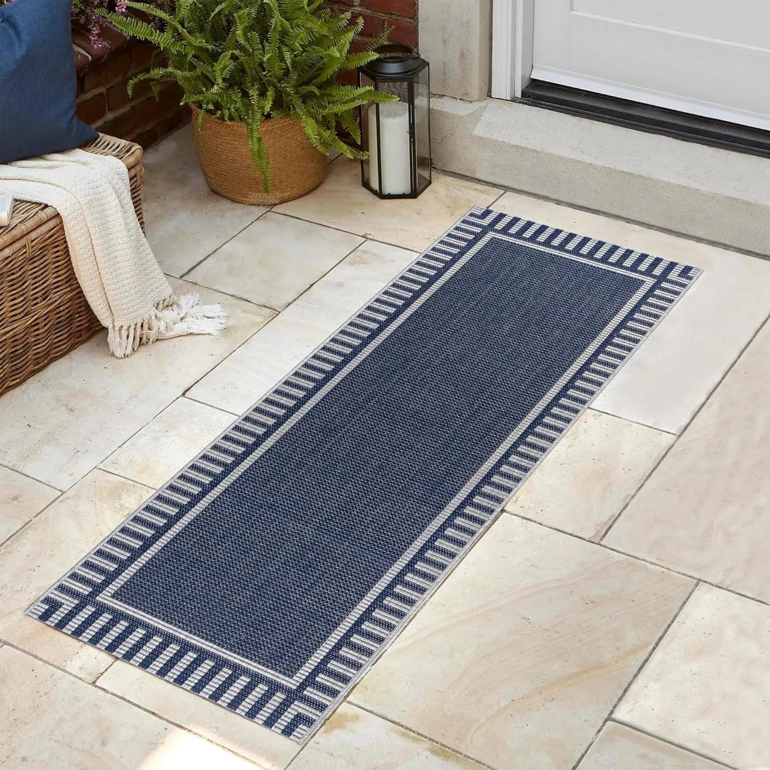 Gertmenian Indoor/Outdoor Flatweave Rug - 2x6 Runner, Stain & UV Resistant, Quick-Drying, Ideal for Deck, Patio, Poolside, Mudroom - Klano Striped Navy, Gray, 28002