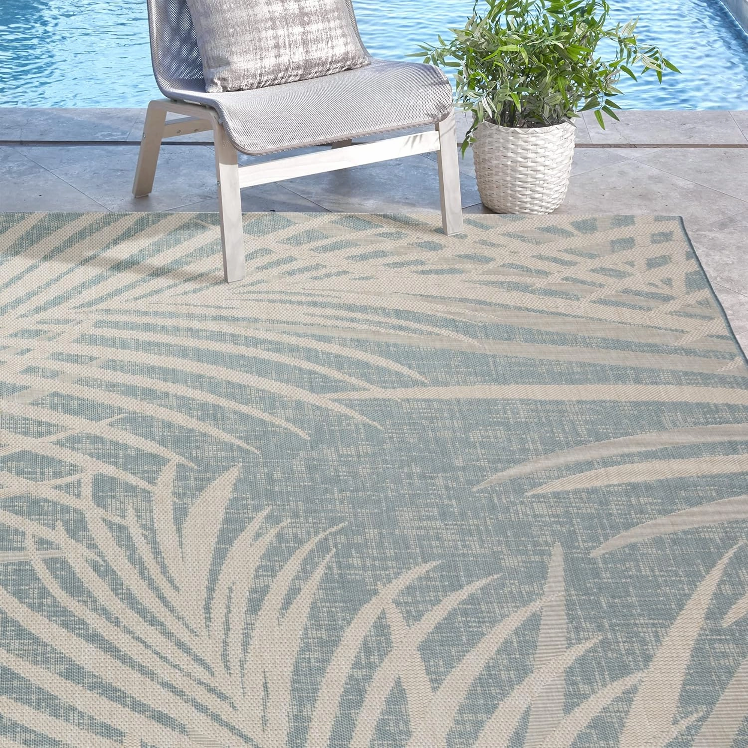 Gertmenian Indoor Outdoor Area Rug, Classic Flatweave, Washable, Stain & UV Resistant Carpet, Deck, Patio, Poolside & Mudroom, 5x7 Ft Standard, Royal Palm Leaf, Green Teal Oasis