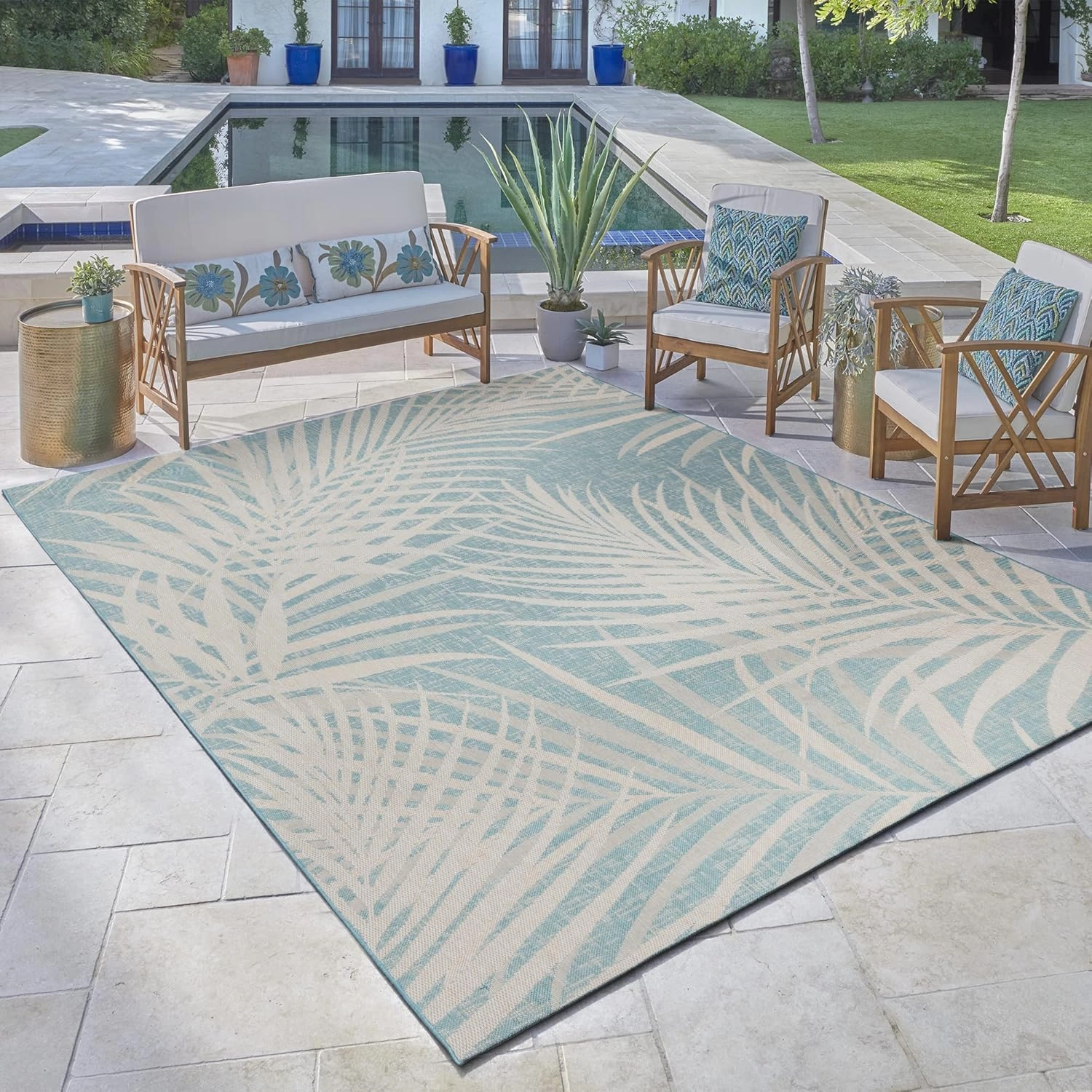 Gertmenian Indoor Outdoor Area Rug, Classic Flatweave, Washable, Stain & UV Resistant Carpet, Deck, Patio, Poolside & Mudroom, 5x7 Ft Standard, Royal Palm Leaf, Green Teal Oasis