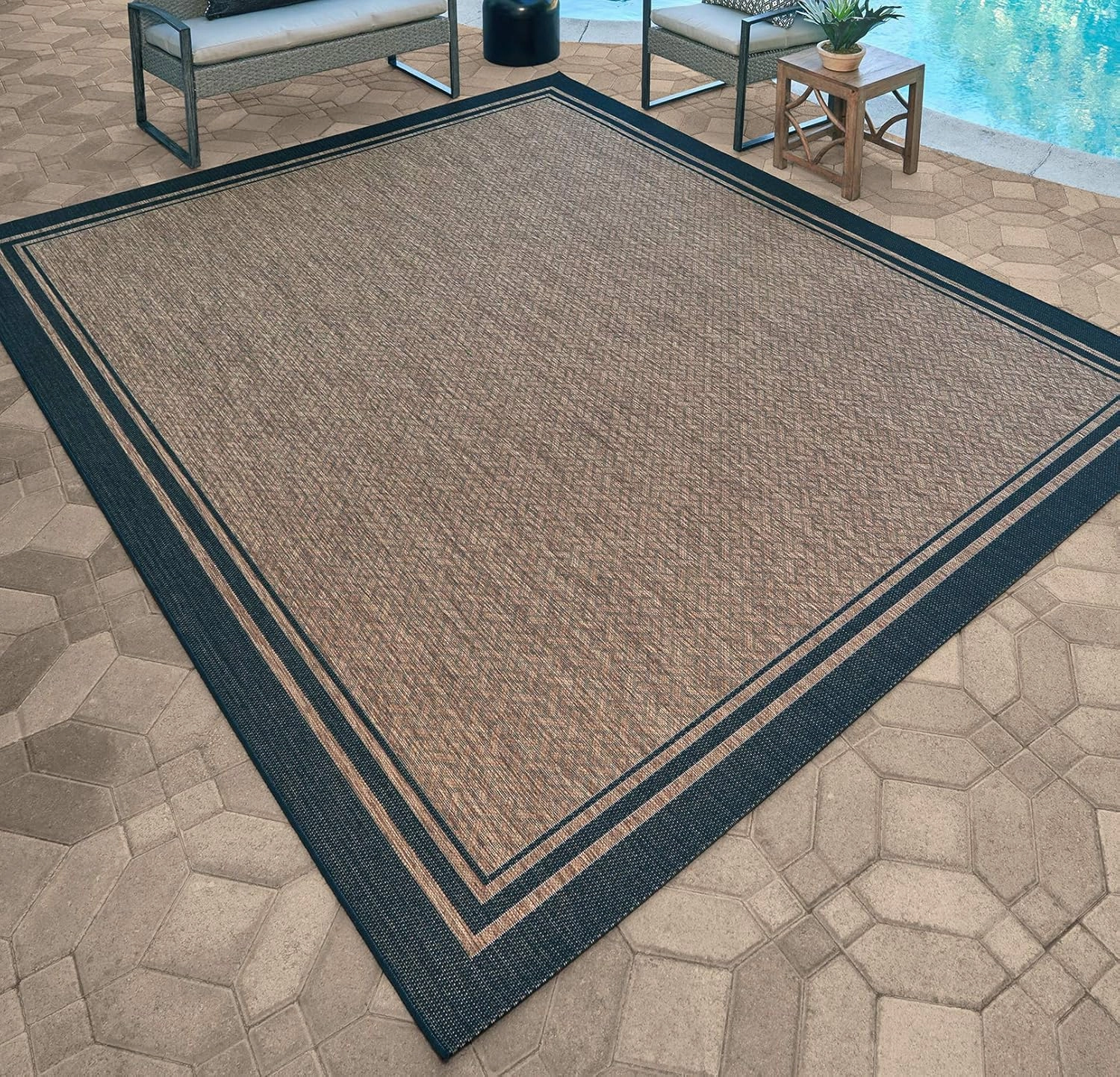 Gertmenian Indoor Outdoor Classic Flatweave Area Rug, Stain & UV Resistant Carpet, Deck, Patio, Poolside & Mudroom, 8x10 Ft Large, Border, Black Tan, 21515