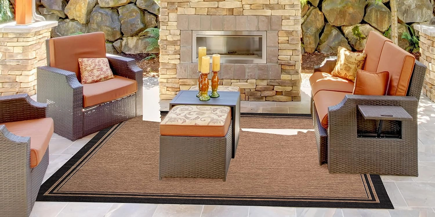 Gertmenian Indoor Outdoor Classic Flatweave Area Rug, Stain & UV Resistant Carpet, Deck, Patio, Poolside & Mudroom, 8x10 Ft Large, Border, Black Tan, 21515