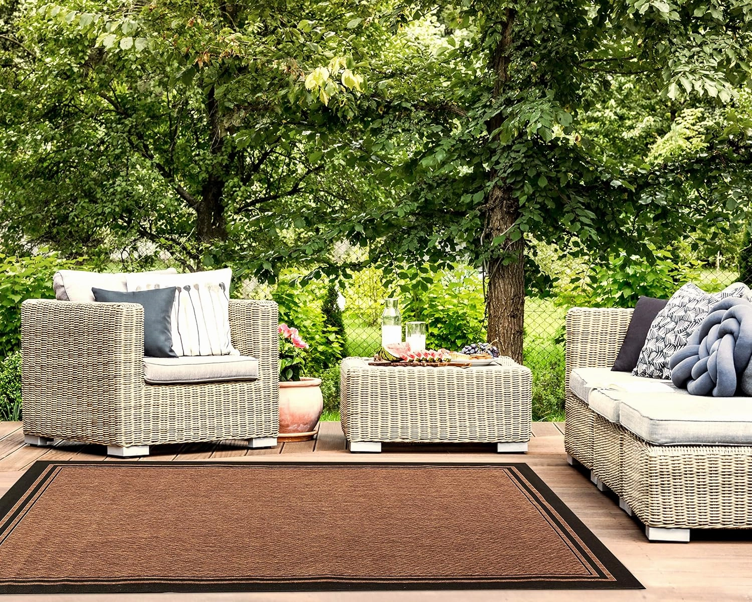 Gertmenian Indoor Outdoor Classic Flatweave Area Rug, Stain & UV Resistant Carpet, Deck, Patio, Poolside & Mudroom, 8x10 Ft Large, Border, Black Tan, 21515
