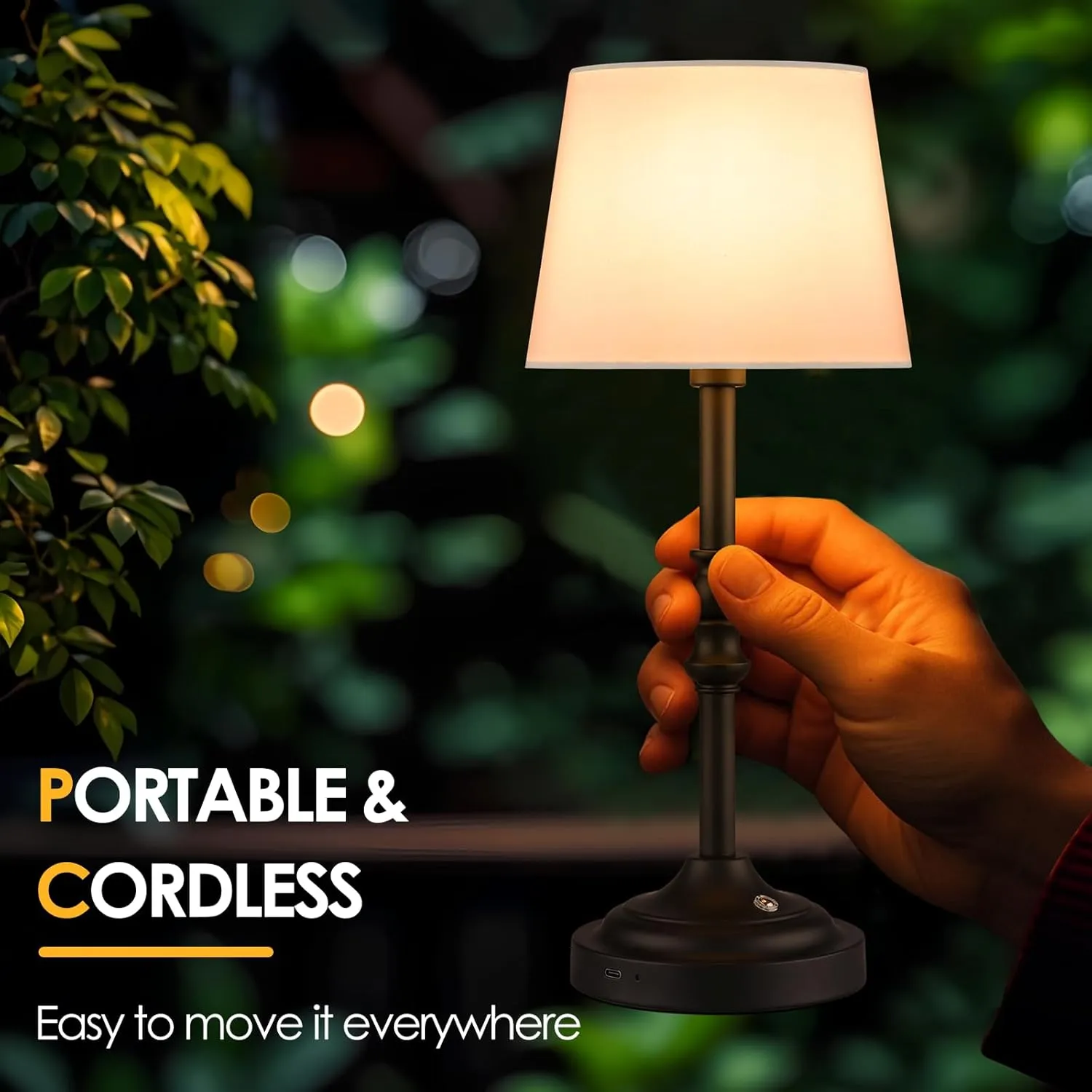 GGOYING Set of 2 Rechargeable Cordless LED Table Lamps, 4-Level Dimmer, Black Portable Desk Lamps with White Fabric Shades, Night Light for Dining, Bedroom and Patio