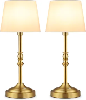 GGOYING Set of 2 Rechargeable Cordless LED Table Lamps, 4-Level Dimmer, Bronze Portable Desk Lamps with White Fabric Shades, Night Light for Dining, Bedroom and Patio