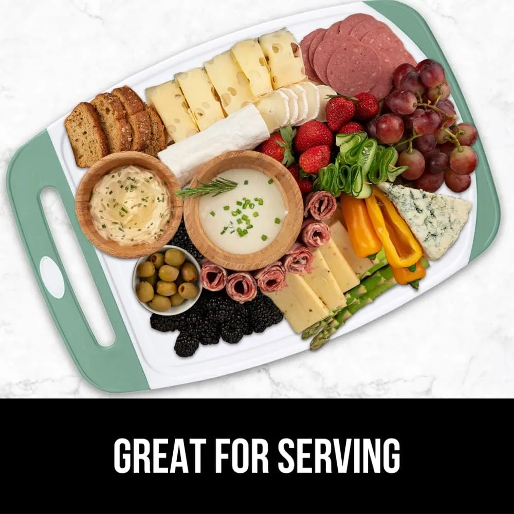 GORILLA GRIP 100% BPA-Free Reversible Kitchen Cutting Board Set of 3, Nonporous, Juice Grooves to Catch Liquid, Slip Resistant Handle Border, Dishwasher Safe Large Food Chopping Boards, Gray Mint Pink