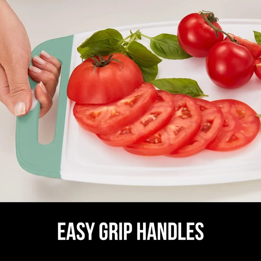 GORILLA GRIP 100% BPA-Free Reversible Kitchen Cutting Board Set of 3, Nonporous, Juice Grooves to Catch Liquid, Slip Resistant Handle Border, Dishwasher Safe Large Food Chopping Boards, Gray Mint Pink