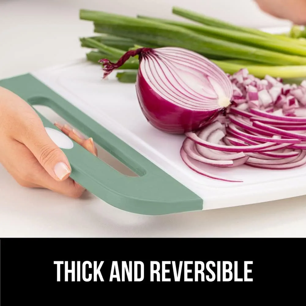 GORILLA GRIP 100% BPA-Free Reversible Kitchen Cutting Board Set of 3, Nonporous, Juice Grooves to Catch Liquid, Slip Resistant Handle Border, Dishwasher Safe Large Food Chopping Boards, Gray Mint Pink