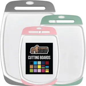 GORILLA GRIP 100% BPA-Free Reversible Kitchen Cutting Board Set of 3, Nonporous, Juice Grooves to Catch Liquid, Slip Resistant Handle Border, Dishwasher Safe Large Food Chopping Boards, Gray Mint Pink