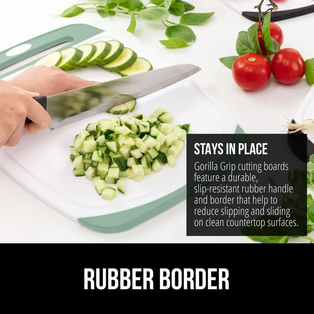 GORILLA GRIP 100% BPA-Free Reversible Kitchen Cutting Board Set of 3, Nonporous, Juice Grooves to Catch Liquid, Slip Resistant Handle Border, Dishwasher Safe Large Food Chopping Boards, Gray Mint Pink