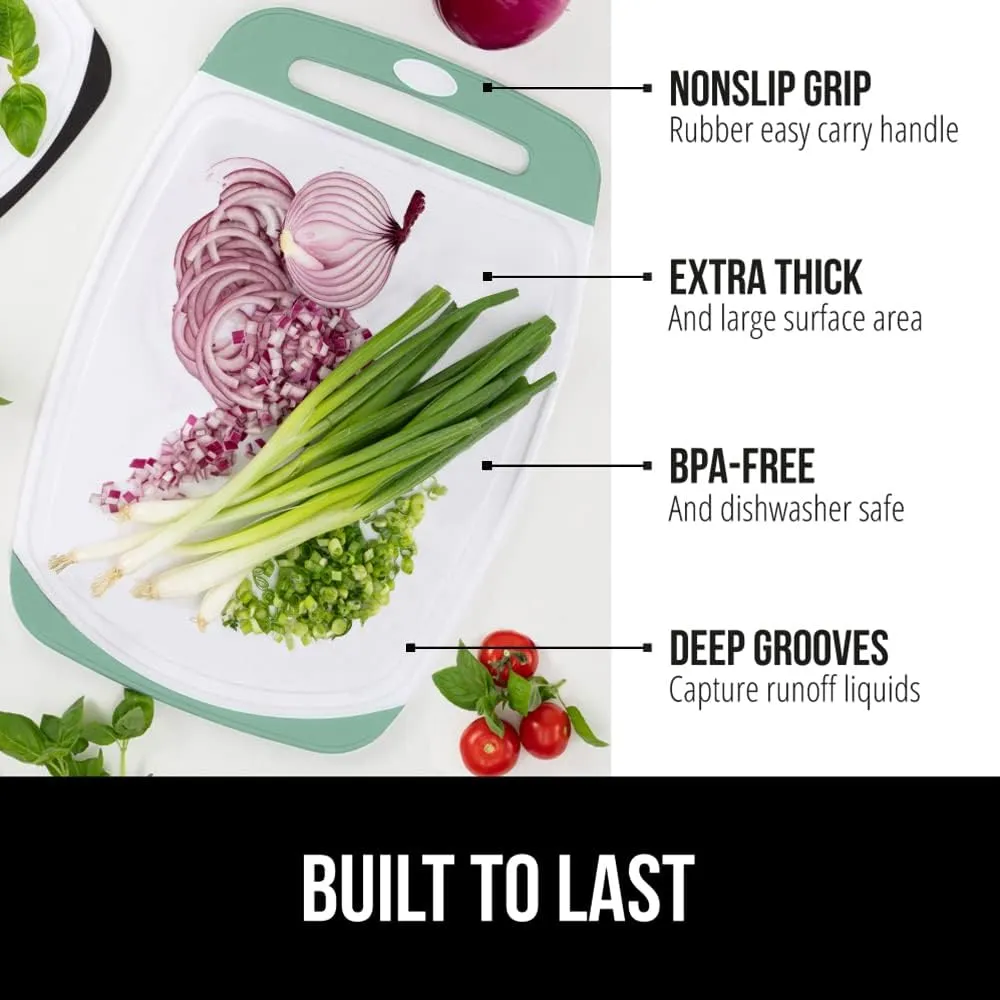 GORILLA GRIP 100% BPA-Free Reversible Kitchen Cutting Board Set of 3, Nonporous, Juice Grooves to Catch Liquid, Slip Resistant Handle Border, Dishwasher Safe Large Food Chopping Boards, Gray Mint Pink