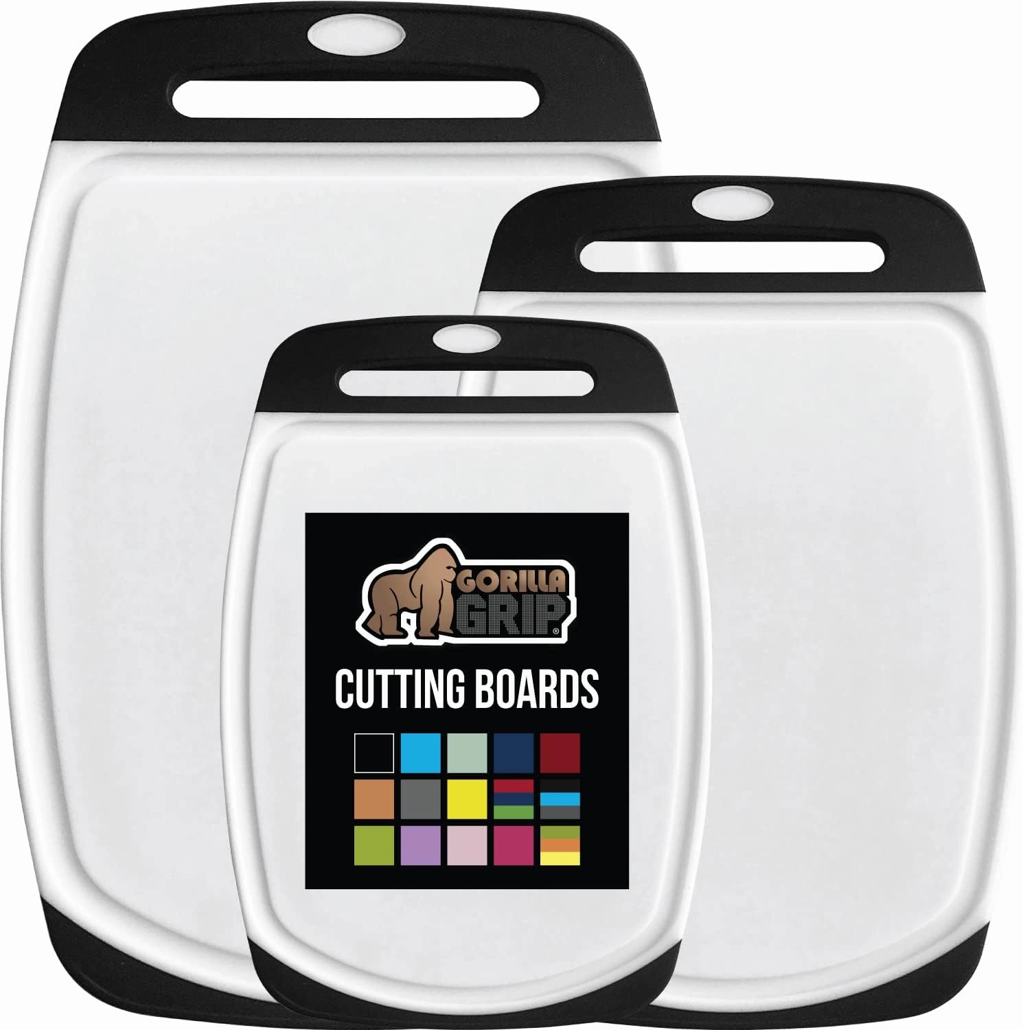 GORILLA GRIP 100% BPA-Free Reversible Kitchen Cutting Board Set of 3, Nonporous, Juice Grooves to Catch Liquid, Slip Resistant Handle Border, Dishwasher Safe, Durable Large Food Chopping Boards, Black