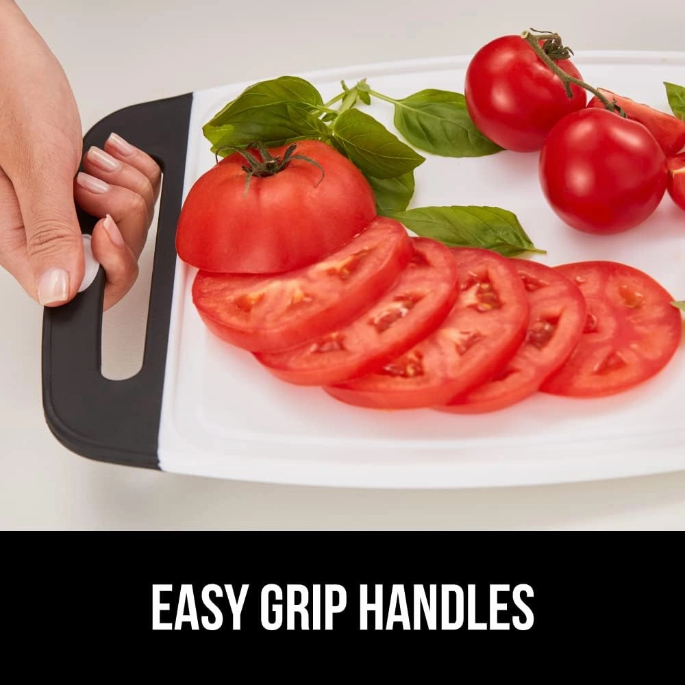 GORILLA GRIP 100% BPA-Free Reversible Kitchen Cutting Board Set of 3, Nonporous, Juice Grooves to Catch Liquid, Slip Resistant Handle Border, Dishwasher Safe, Durable Large Food Chopping Boards, Black