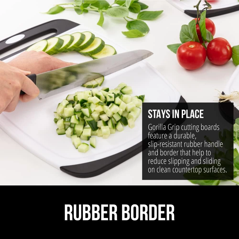 GORILLA GRIP 100% BPA-Free Reversible Kitchen Cutting Board Set of 3, Nonporous, Juice Grooves to Catch Liquid, Slip Resistant Handle Border, Dishwasher Safe, Durable Large Food Chopping Boards, Black