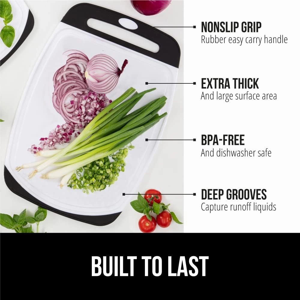 GORILLA GRIP 100% BPA-Free Reversible Kitchen Cutting Board Set of 3, Nonporous, Juice Grooves to Catch Liquid, Slip Resistant Handle Border, Dishwasher Safe, Durable Large Food Chopping Boards, Black