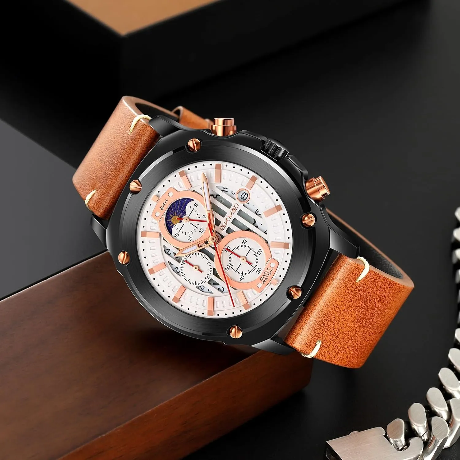 Gosasa Men's Waterproof Quartz Analog Watch Classic Fashion Casual Timepiece with Stars Dial Leather Strap