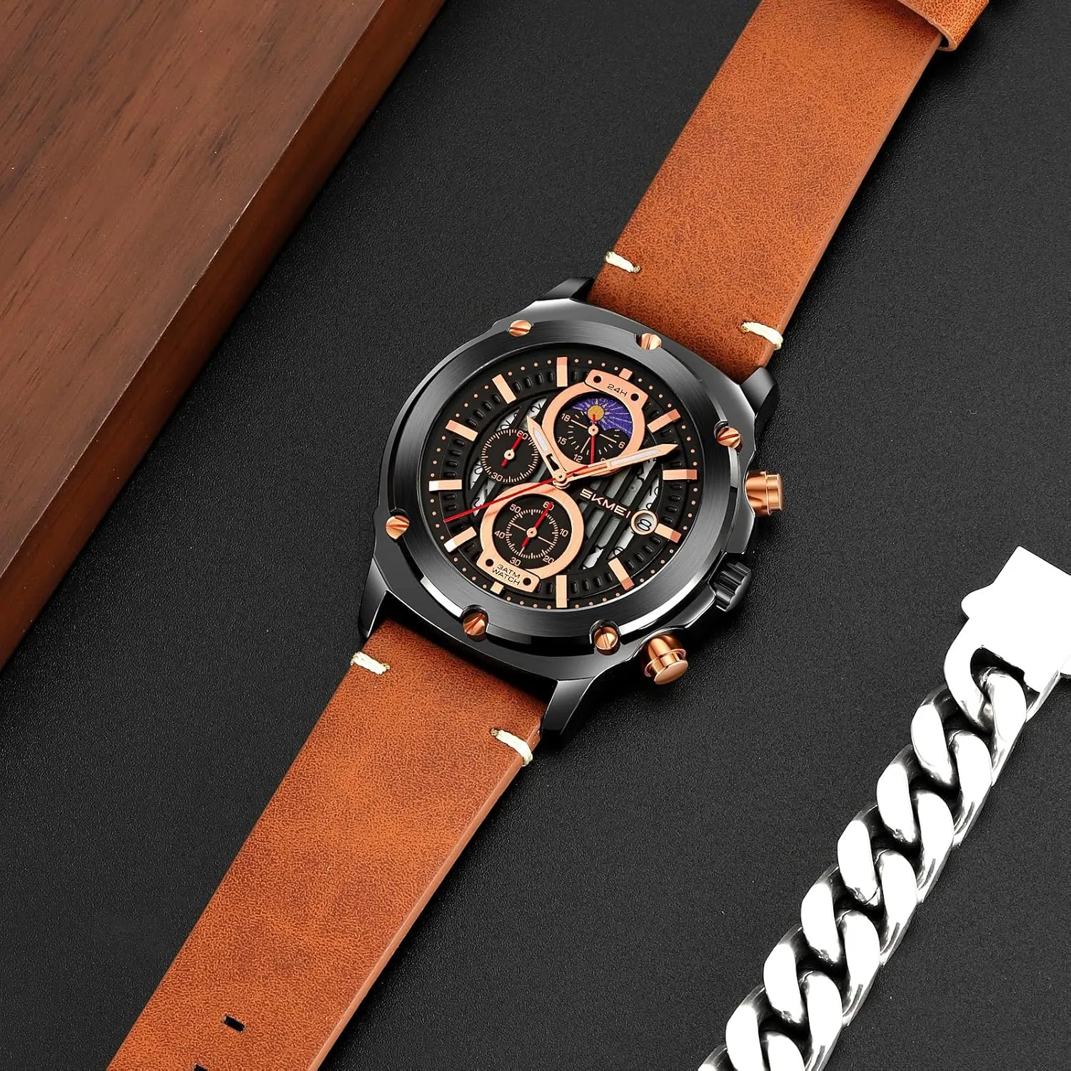 Gosasa Men's Waterproof Quartz Analog Watch Classic Fashion Casual Timepiece with Stars Dial Leather Strap
