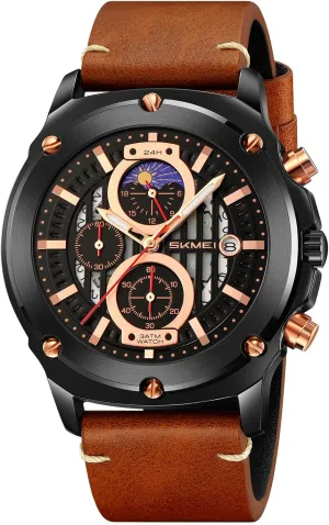 Gosasa Men's Waterproof Quartz Analog Watch Classic Fashion Casual Timepiece with Stars Dial Leather Strap