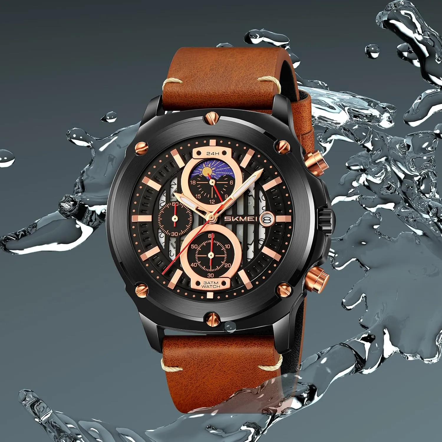 Gosasa Men's Waterproof Quartz Analog Watch Classic Fashion Casual Timepiece with Stars Dial Leather Strap