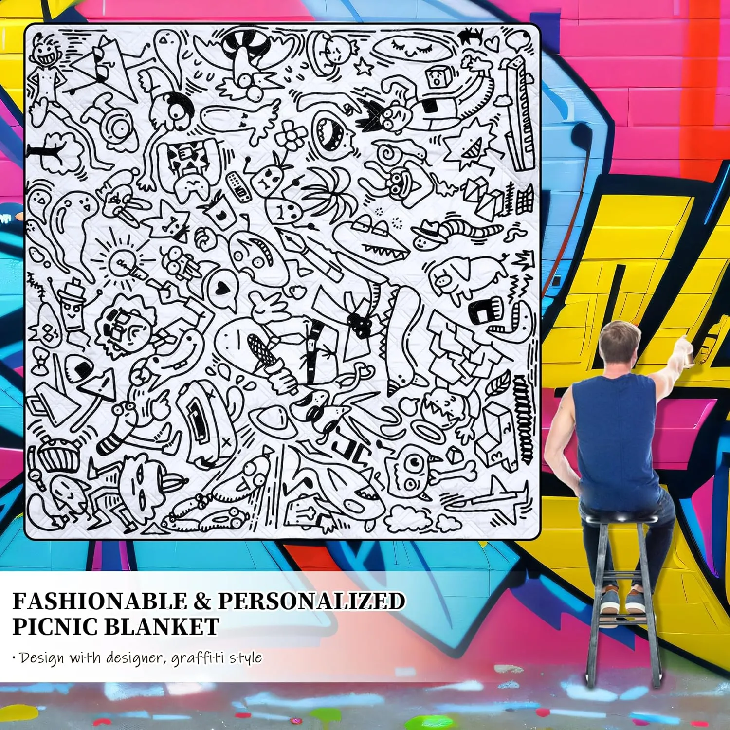 Graffiti Picnic Mat, 79" x 79" Extra Large Outdoor Blanket, Washable Foldable Portable for Park/Beach/Camping/Concerts