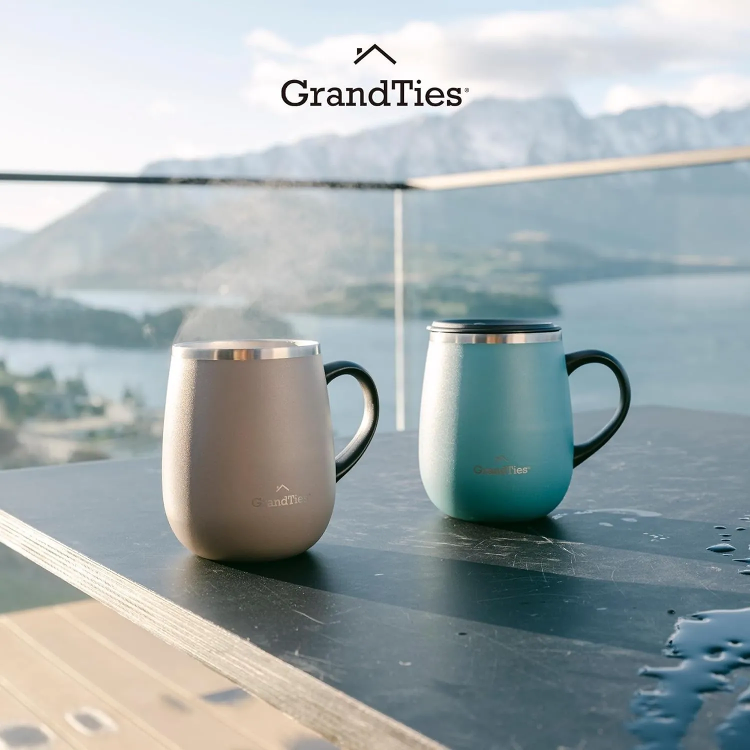 GRANDTIES Insulated Coffee Mug with Handle and Sliding Lid – 16oz Splash-Proof Wine Glass Shape Thermal Tumbler – Double Walled Vacuum Stainless Steel Keeps Beverages Hot or Cold - Atlantis Blue
