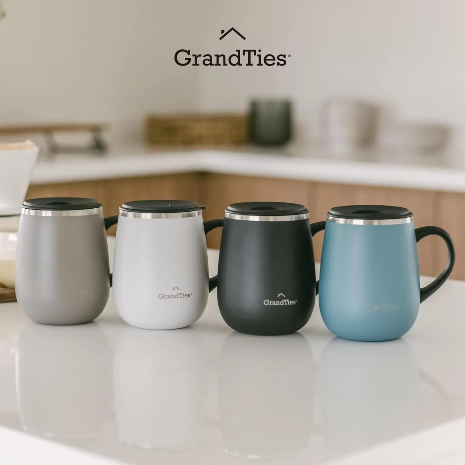 GRANDTIES Insulated Coffee Mug with Handle and Sliding Lid – 16oz Splash-Proof Wine Glass Shape Thermal Tumbler – Double Walled Vacuum Stainless Steel Keeps Beverages Hot or Cold - Atlantis Blue