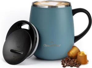 GRANDTIES Insulated Coffee Mug with Handle and Sliding Lid – 16oz Splash-Proof Wine Glass Shape Thermal Tumbler – Double Walled Vacuum Stainless Steel Keeps Beverages Hot or Cold - Atlantis Blue