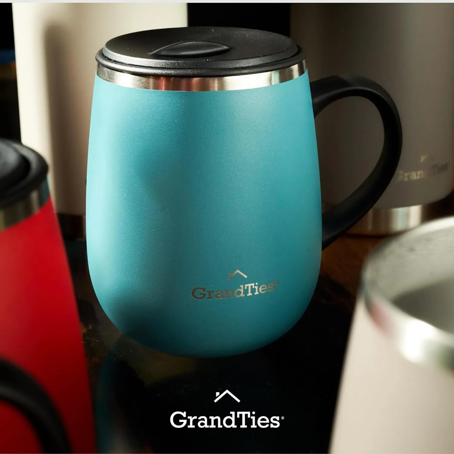 GRANDTIES Insulated Coffee Mug with Handle and Sliding Lid – 16oz Splash-Proof Wine Glass Shape Thermal Tumbler – Double Walled Vacuum Stainless Steel Keeps Beverages Hot or Cold - Atlantis Blue