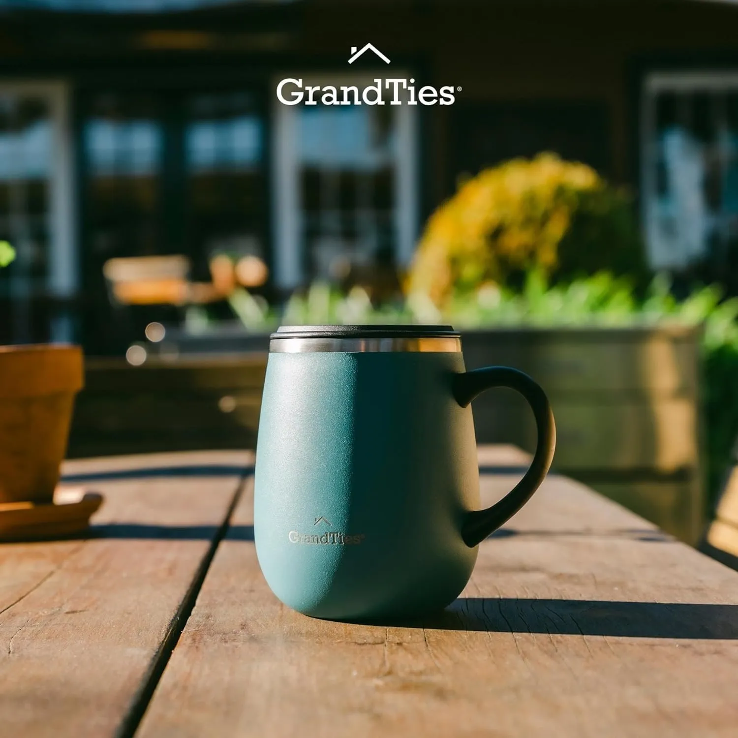 GRANDTIES Insulated Coffee Mug with Handle and Sliding Lid – 16oz Splash-Proof Wine Glass Shape Thermal Tumbler – Double Walled Vacuum Stainless Steel Keeps Beverages Hot or Cold - Atlantis Blue