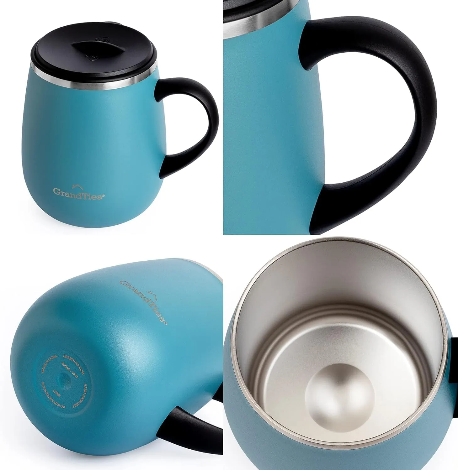 GRANDTIES Insulated Coffee Mug with Handle and Sliding Lid – 16oz Splash-Proof Wine Glass Shape Thermal Tumbler – Double Walled Vacuum Stainless Steel Keeps Beverages Hot or Cold - Atlantis Blue